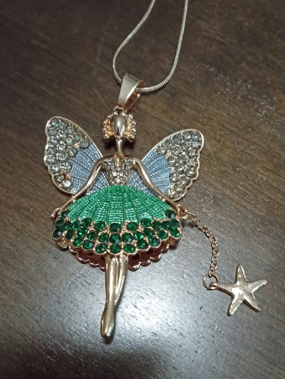 Fairy Pendant Necklace with Green Skirt and Rhinestone Wings New